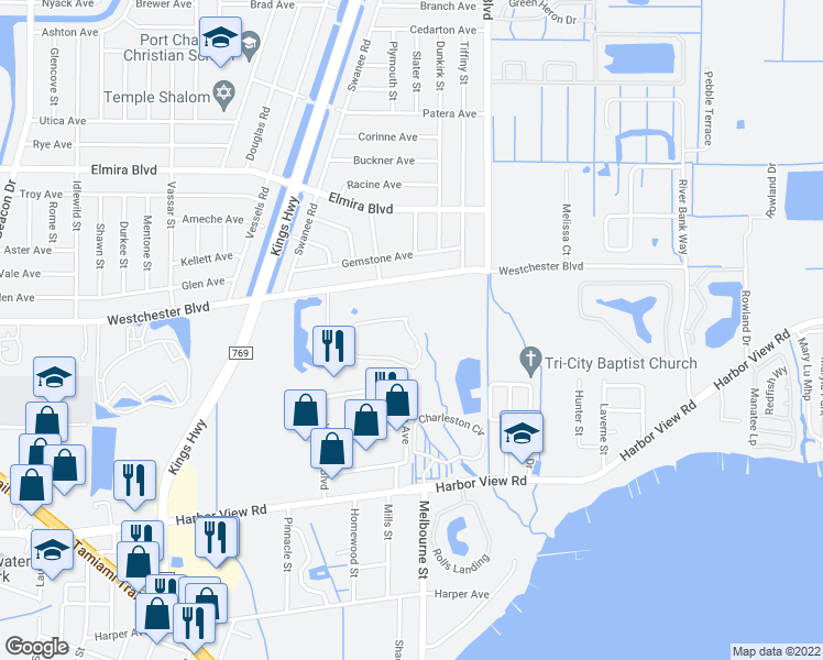 map of restaurants, bars, coffee shops, grocery stores, and more near 23301 Collina Way in Punta Gorda