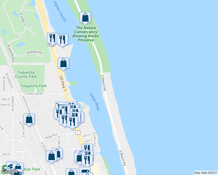 map of restaurants, bars, coffee shops, grocery stores, and more near 615 South Beach Road in Jupiter