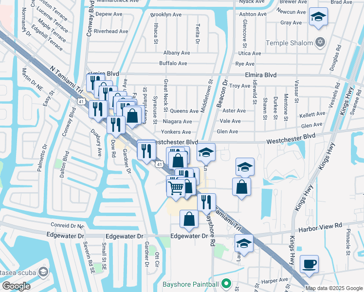 map of restaurants, bars, coffee shops, grocery stores, and more near 22306 Westchester Boulevard in Port Charlotte