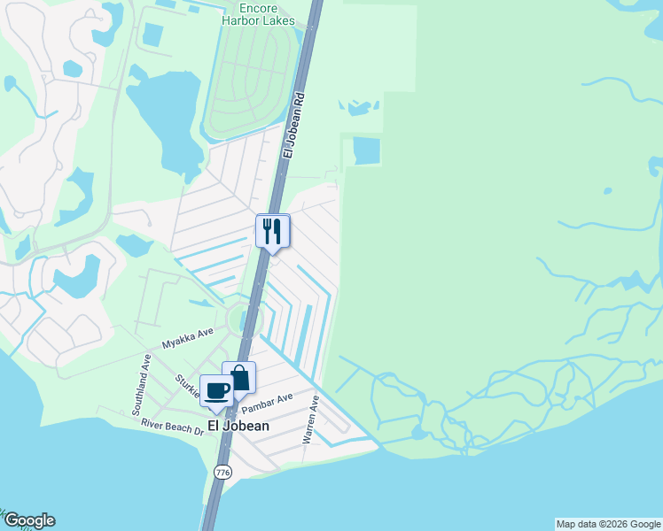 map of restaurants, bars, coffee shops, grocery stores, and more near 3810 Bravo Road in Port Charlotte
