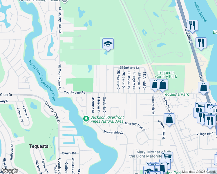 map of restaurants, bars, coffee shops, grocery stores, and more near 19147 Southeast Hillcrest Drive in Jupiter