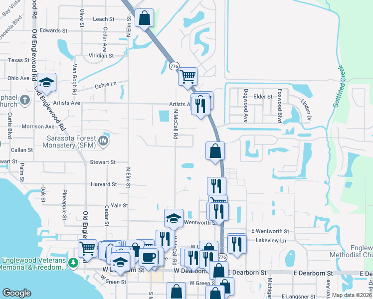map of restaurants, bars, coffee shops, grocery stores, and more near 206 Pine Glen Court in Englewood