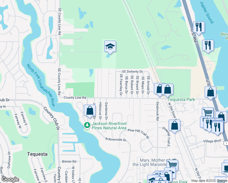 map of restaurants, bars, coffee shops, grocery stores, and more near 19146 Southeast Homewood Avenue in Jupiter