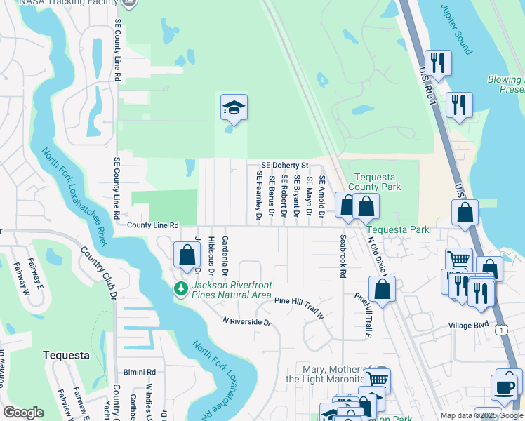 map of restaurants, bars, coffee shops, grocery stores, and more near 19133 Southeast Fearnley Drive in Jupiter