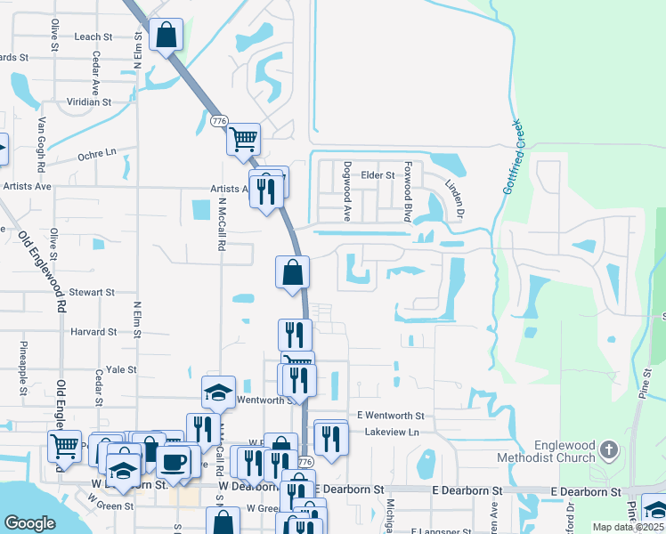 map of restaurants, bars, coffee shops, grocery stores, and more near 404 Cypress Forest Drive in Englewood
