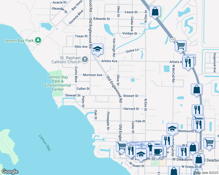 map of restaurants, bars, coffee shops, grocery stores, and more near 650 Lewis Street in Englewood