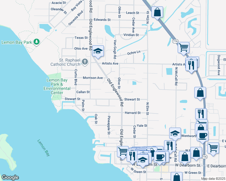 map of restaurants, bars, coffee shops, grocery stores, and more near 650 Lewis Street in Englewood