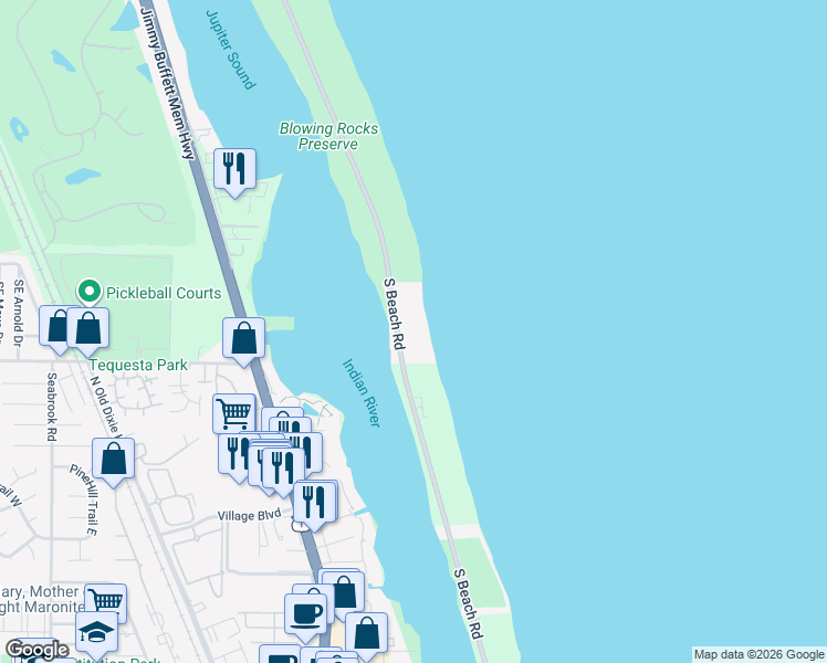 map of restaurants, bars, coffee shops, grocery stores, and more near 615 South Beach Road in Jupiter