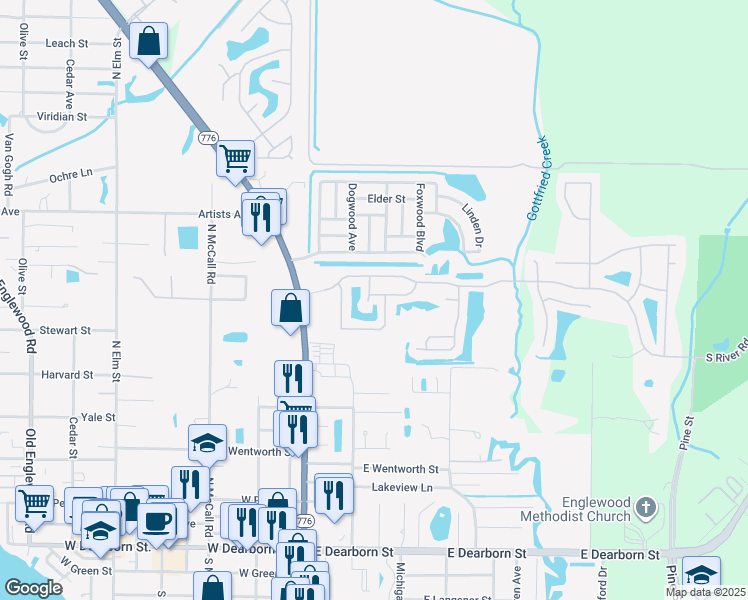 map of restaurants, bars, coffee shops, grocery stores, and more near 309 Indian River Lane in Englewood