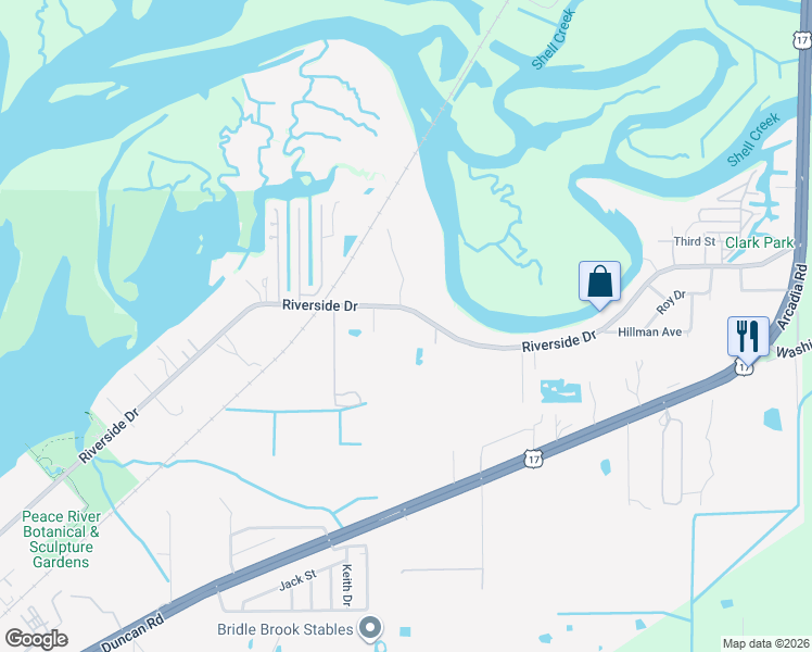 map of restaurants, bars, coffee shops, grocery stores, and more near 7217 Riverside Drive in Punta Gorda