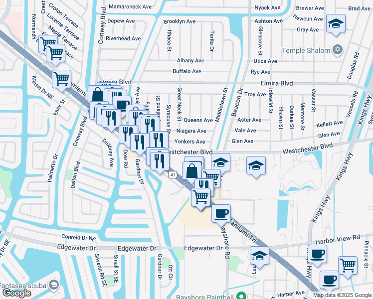map of restaurants, bars, coffee shops, grocery stores, and more near 22291 Westchester Boulevard in Port Charlotte
