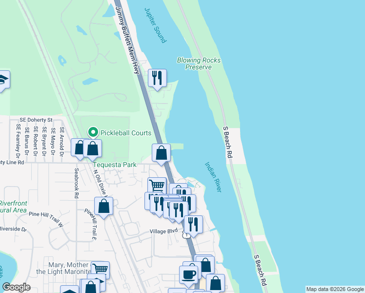 map of restaurants, bars, coffee shops, grocery stores, and more near 19137 Southeast Federal Highway in Jupiter