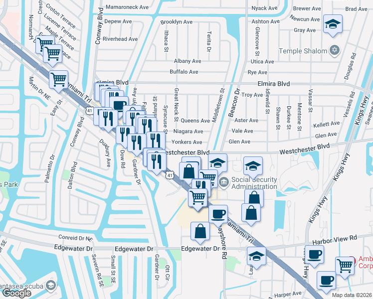 map of restaurants, bars, coffee shops, grocery stores, and more near 22306 Westchester Boulevard in Port Charlotte