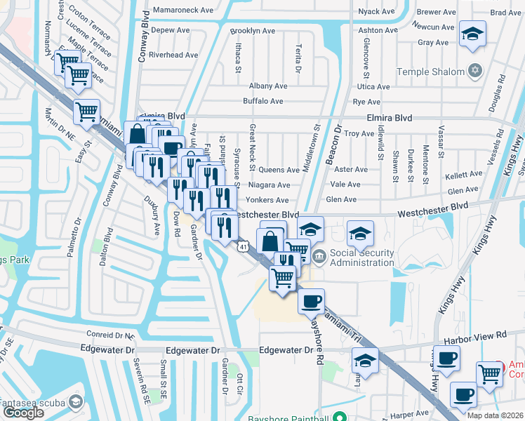 map of restaurants, bars, coffee shops, grocery stores, and more near 22291 Westchester Boulevard in Port Charlotte