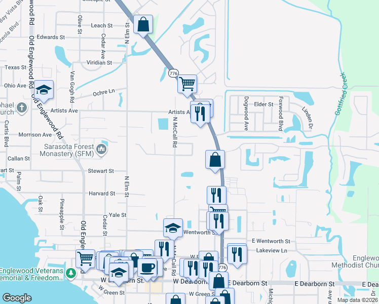 map of restaurants, bars, coffee shops, grocery stores, and more near 206 Pine Glen Court in Englewood