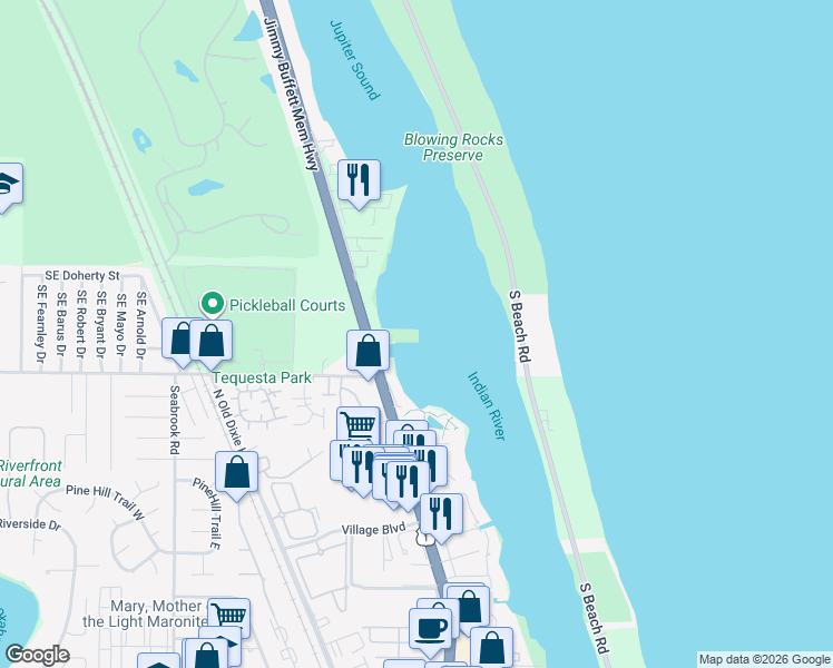 map of restaurants, bars, coffee shops, grocery stores, and more near 19137 Southeast Federal Highway in Jupiter