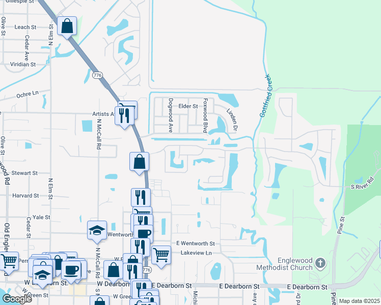 map of restaurants, bars, coffee shops, grocery stores, and more near 309 Indian River Lane in Englewood