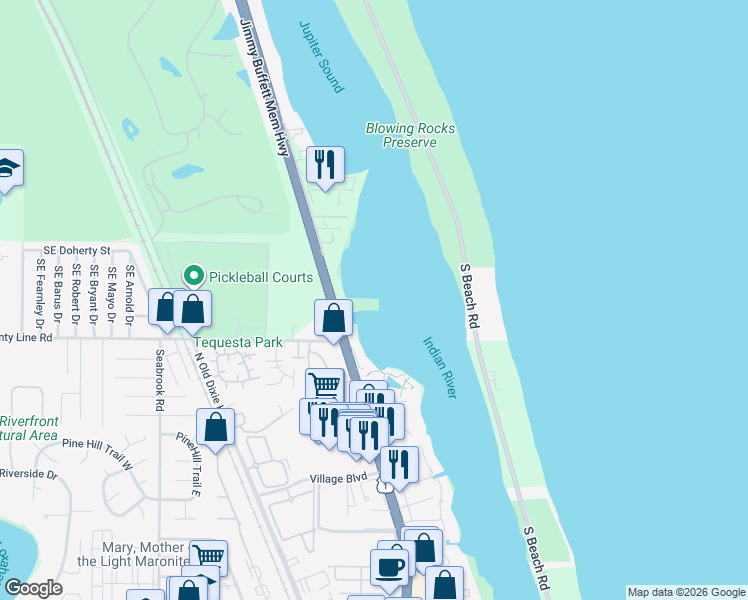 map of restaurants, bars, coffee shops, grocery stores, and more near 19137 Southeast Federal Highway in Jupiter