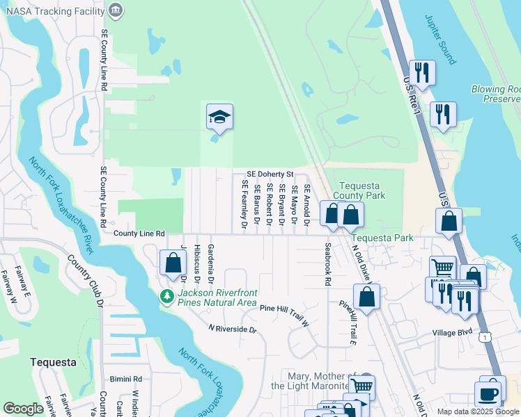 map of restaurants, bars, coffee shops, grocery stores, and more near 19133 Southeast Fearnley Drive in Jupiter