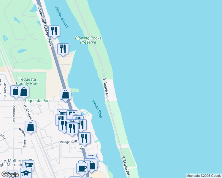 map of restaurants, bars, coffee shops, grocery stores, and more near 609 South Beach Road in Hobe Sound