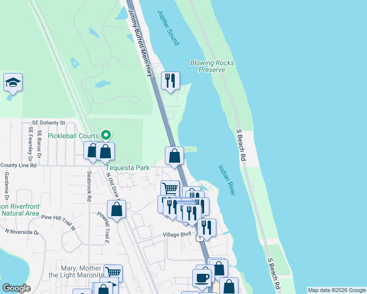 map of restaurants, bars, coffee shops, grocery stores, and more near 19137 Southeast Federal Highway in Jupiter