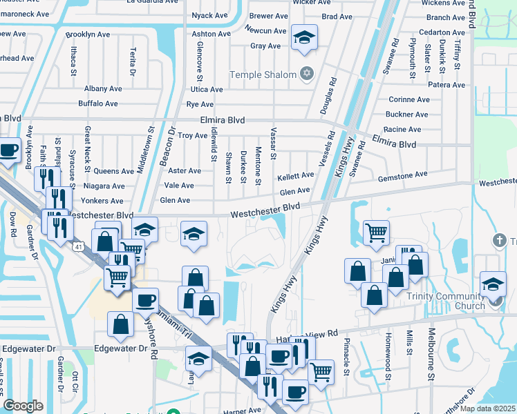map of restaurants, bars, coffee shops, grocery stores, and more near 23098 Westchester Boulevard in Port Charlotte