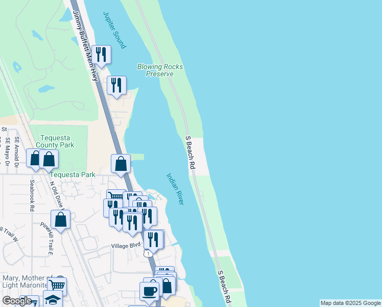 map of restaurants, bars, coffee shops, grocery stores, and more near 609 South Beach Road in Hobe Sound