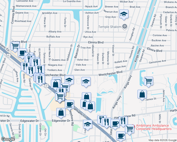 map of restaurants, bars, coffee shops, grocery stores, and more near 3637 Idlewild Street in Port Charlotte