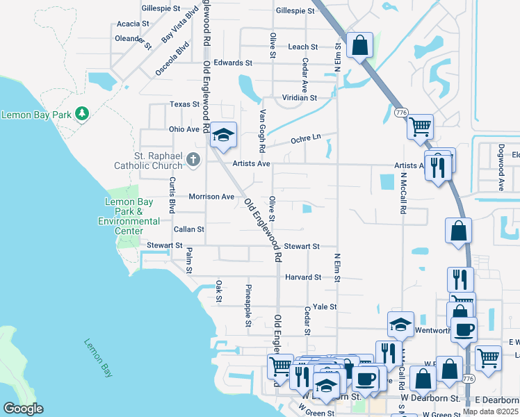 map of restaurants, bars, coffee shops, grocery stores, and more near 625 Old Englewood Road in Englewood