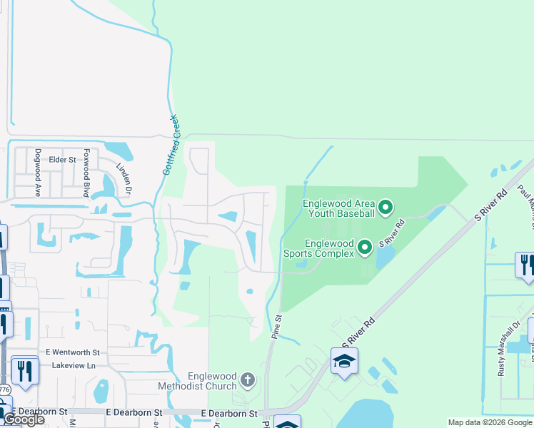 map of restaurants, bars, coffee shops, grocery stores, and more near 654 Kissimmee Court in Englewood