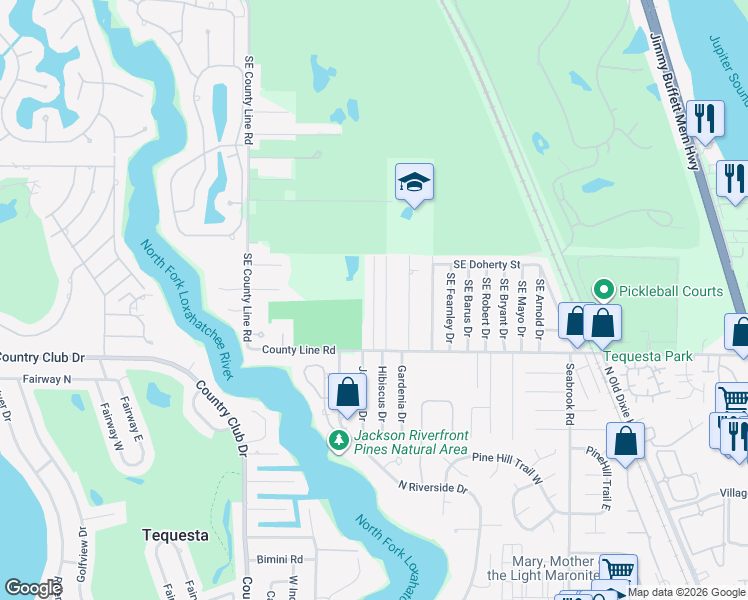 map of restaurants, bars, coffee shops, grocery stores, and more near Southeast Southgate Drive in Jupiter