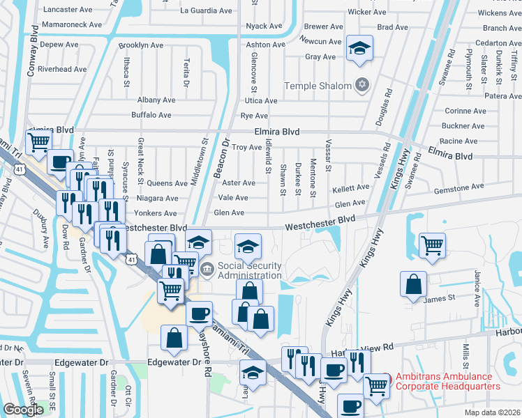 map of restaurants, bars, coffee shops, grocery stores, and more near 3637 Idlewild Street in Port Charlotte