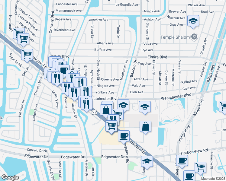 map of restaurants, bars, coffee shops, grocery stores, and more near 22313 Niagara Avenue in Port Charlotte