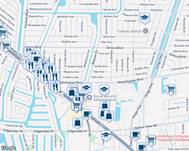 map of restaurants, bars, coffee shops, grocery stores, and more near 3548 Beacon Drive in Port Charlotte
