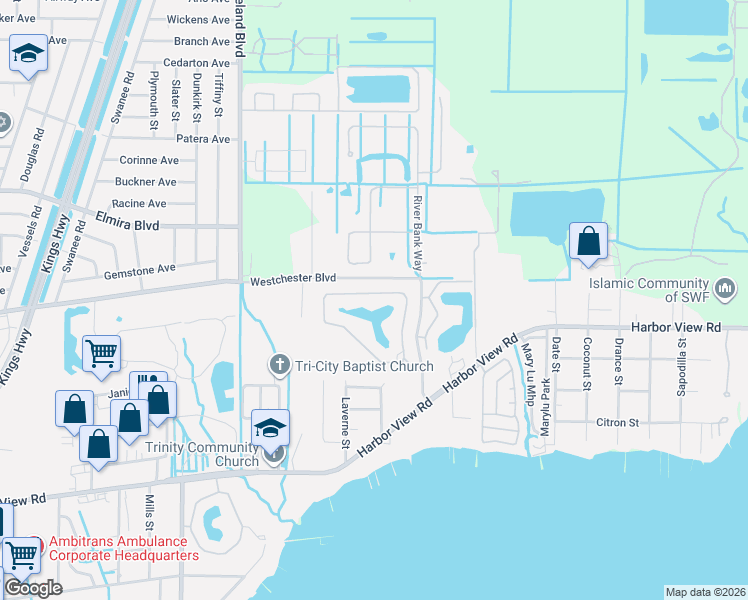 map of restaurants, bars, coffee shops, grocery stores, and more near 24335 Riverfront Drive in Punta Gorda
