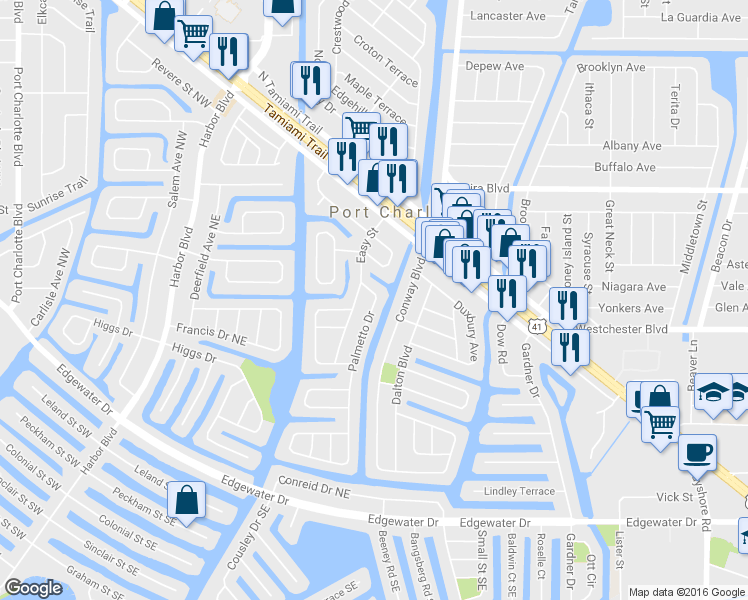 map of restaurants, bars, coffee shops, grocery stores, and more near 300 Palmetto Dr NE in Port Charlotte