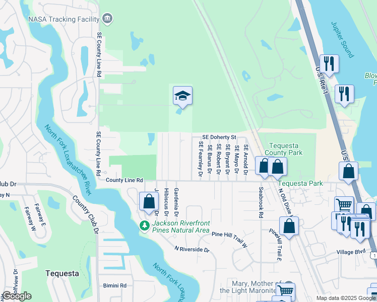 map of restaurants, bars, coffee shops, grocery stores, and more near 19028 Southeast Homewood Avenue in Tequesta