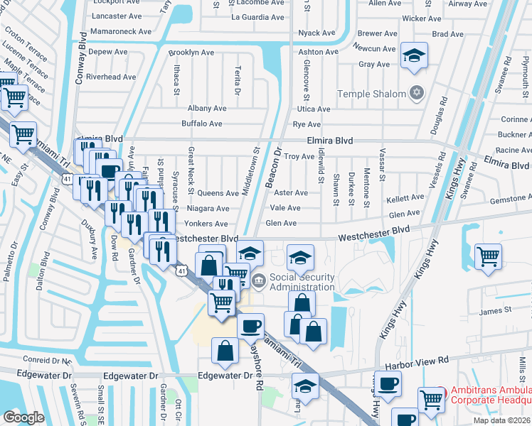 map of restaurants, bars, coffee shops, grocery stores, and more near 3548 Beacon Drive in Port Charlotte