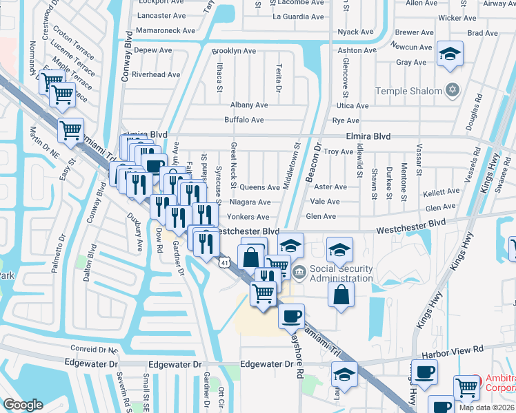 map of restaurants, bars, coffee shops, grocery stores, and more near 22313 Niagara Avenue in Port Charlotte