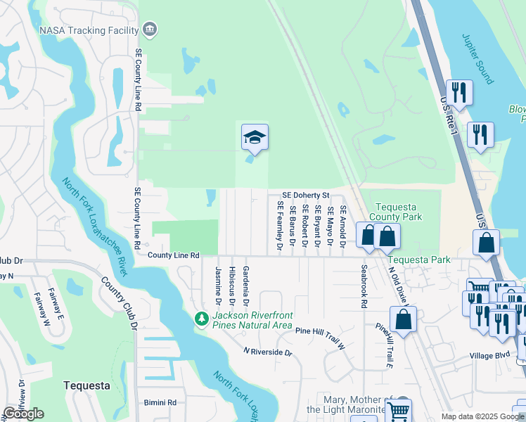 map of restaurants, bars, coffee shops, grocery stores, and more near 19028 Southeast Homewood Avenue in Tequesta