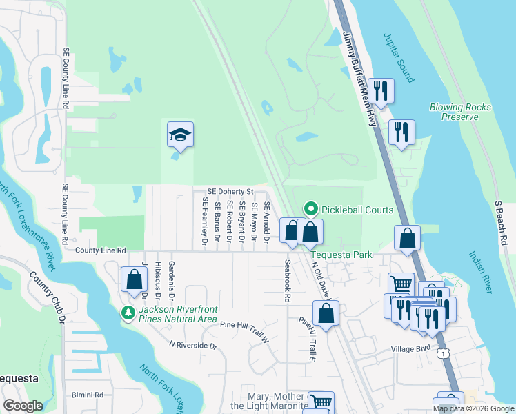 map of restaurants, bars, coffee shops, grocery stores, and more near 19005 Southeast Mayo Drive in Jupiter