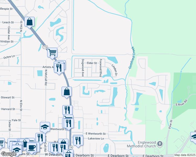 map of restaurants, bars, coffee shops, grocery stores, and more near 549 Foxwood Boulevard in Englewood