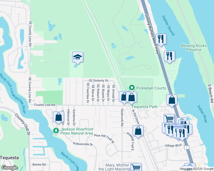 map of restaurants, bars, coffee shops, grocery stores, and more near 19005 Southeast Mayo Drive in Jupiter