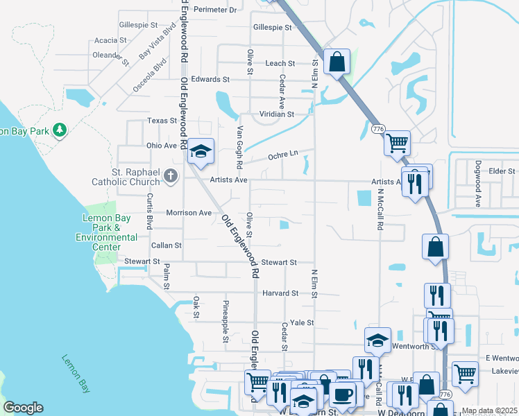 map of restaurants, bars, coffee shops, grocery stores, and more near 646 Olive Street in Englewood