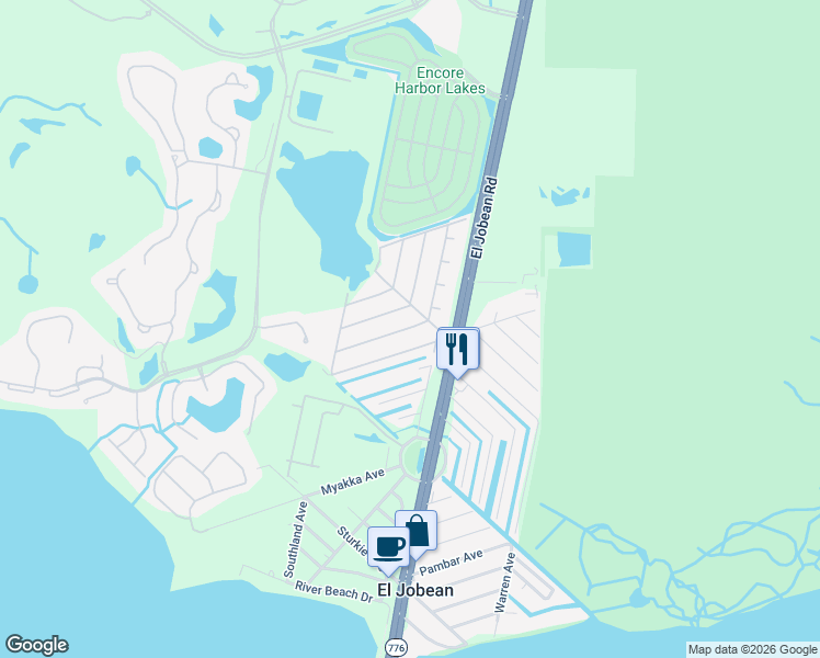 map of restaurants, bars, coffee shops, grocery stores, and more near 3627 Stockton Road in Port Charlotte