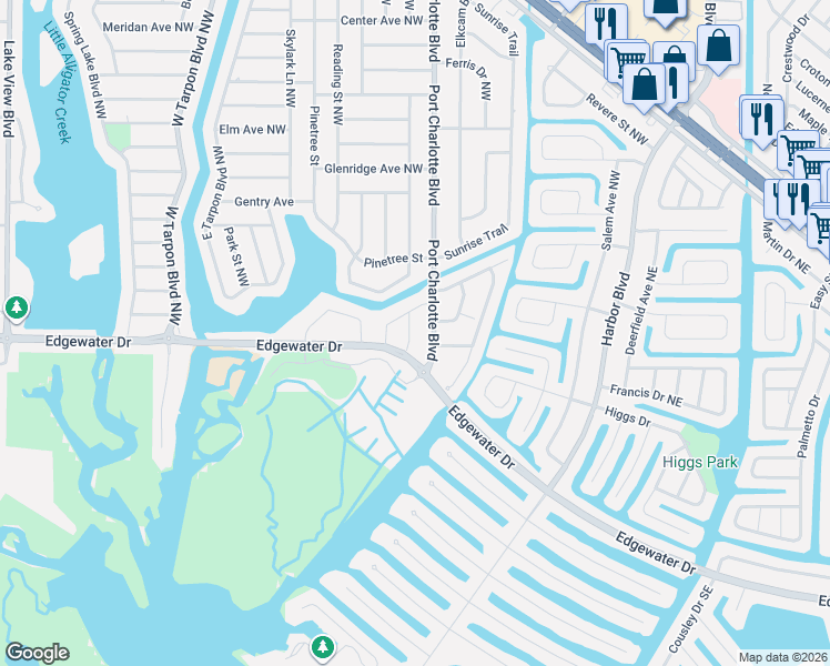 map of restaurants, bars, coffee shops, grocery stores, and more near 125 Sunnyside Street Northwest in Port Charlotte