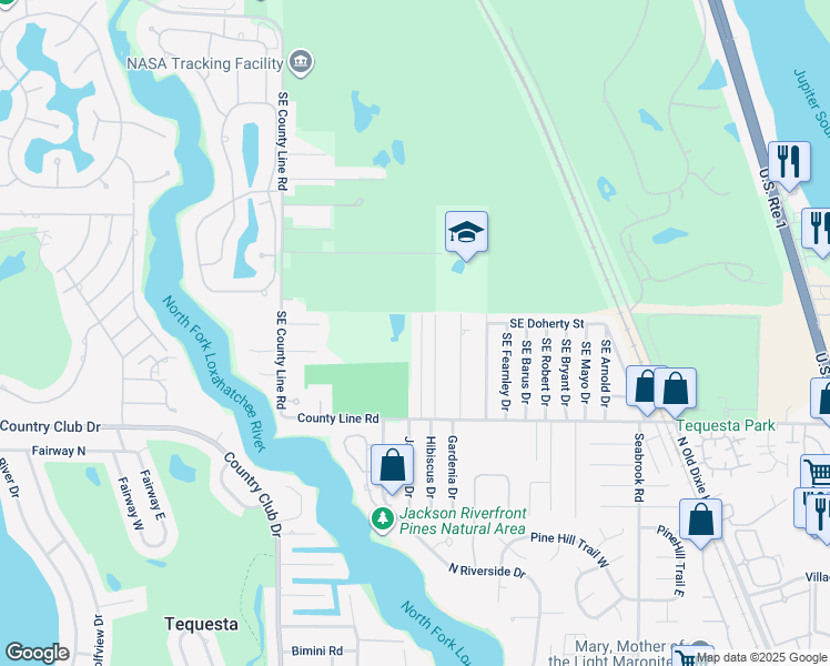 map of restaurants, bars, coffee shops, grocery stores, and more near 18966 Southeast Southgate Drive in Jupiter