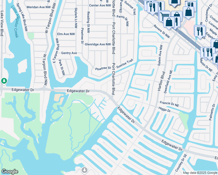 map of restaurants, bars, coffee shops, grocery stores, and more near 125 Sunnyside Street Northwest in Port Charlotte