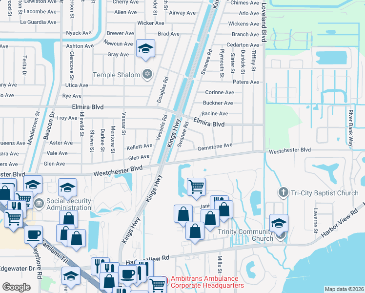 map of restaurants, bars, coffee shops, grocery stores, and more near 3565 Swanee Road in Port Charlotte