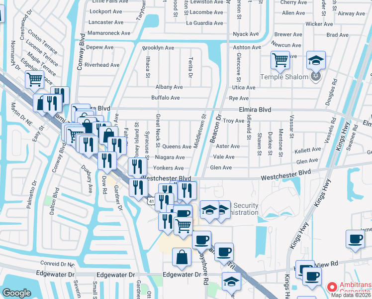 map of restaurants, bars, coffee shops, grocery stores, and more near 22366 Queens Avenue in Port Charlotte